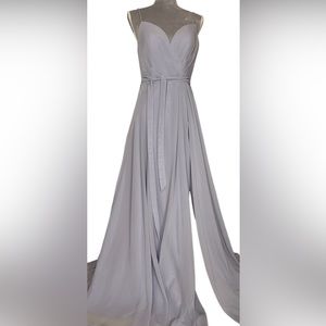 Kleinfeld’s lavender sweetheart long gown with side slit spaghetti strap. Size 4